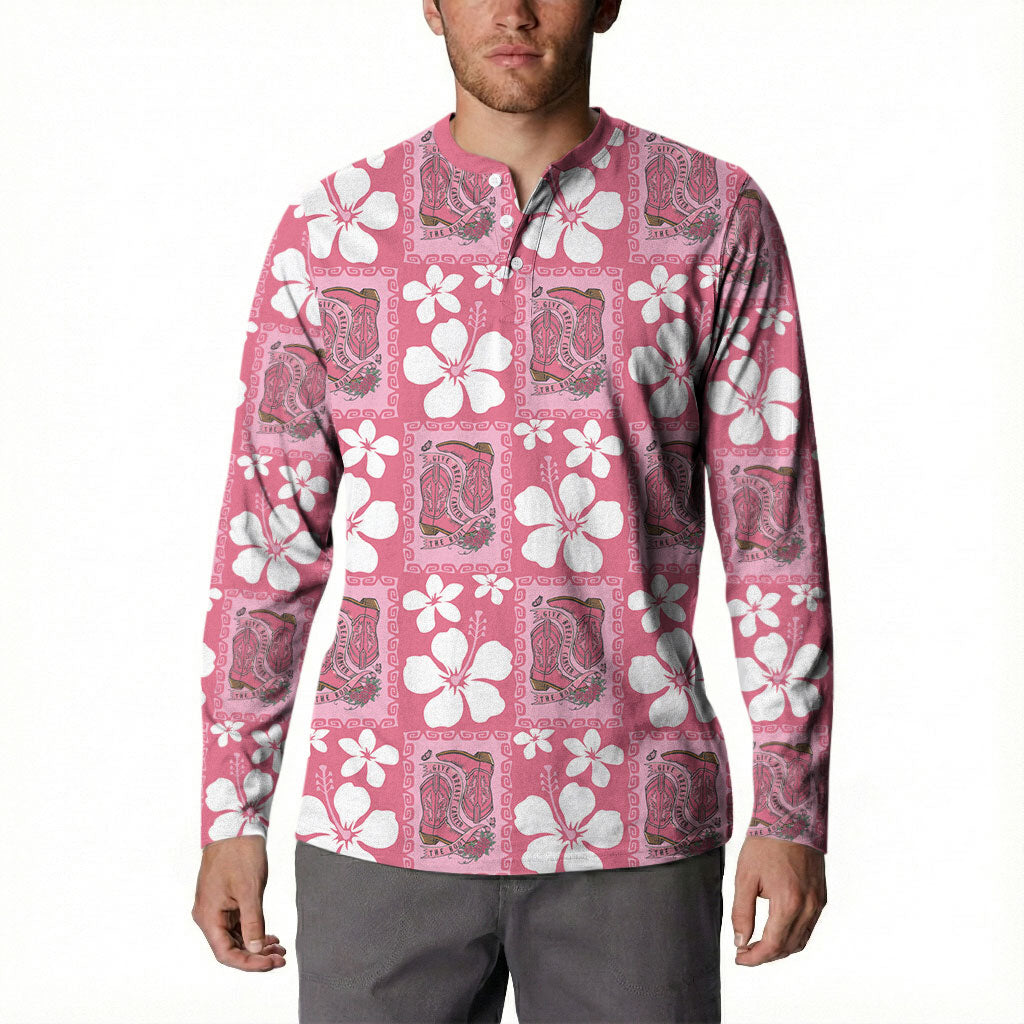Give Cancer The Boot Pink Cowgirl Button Sweatshirt Western Aloha Hibiscus Paniolo Heritage Floral LT9 - Polynesian Pride