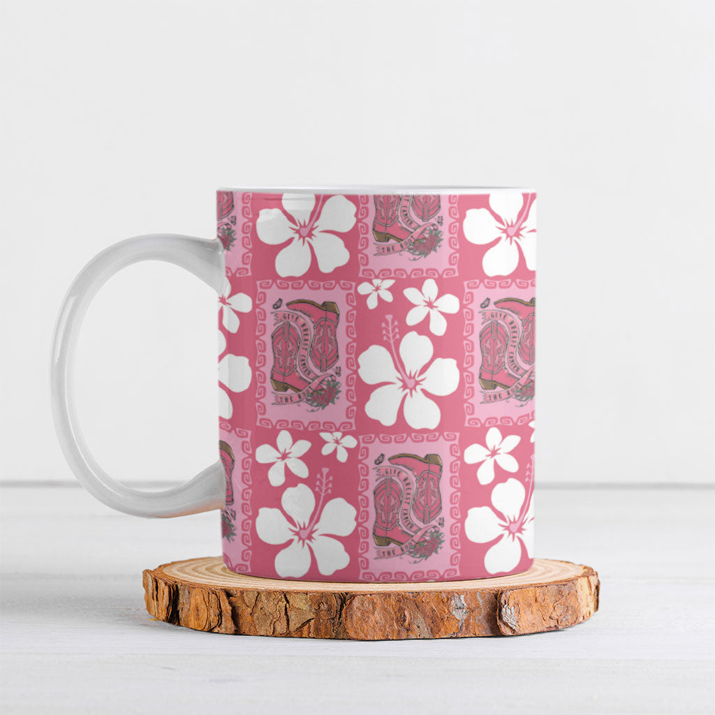 Give Cancer The Boot Pink Cowgirl Ceramic Mug Western Aloha Hibiscus Paniolo Heritage Floral