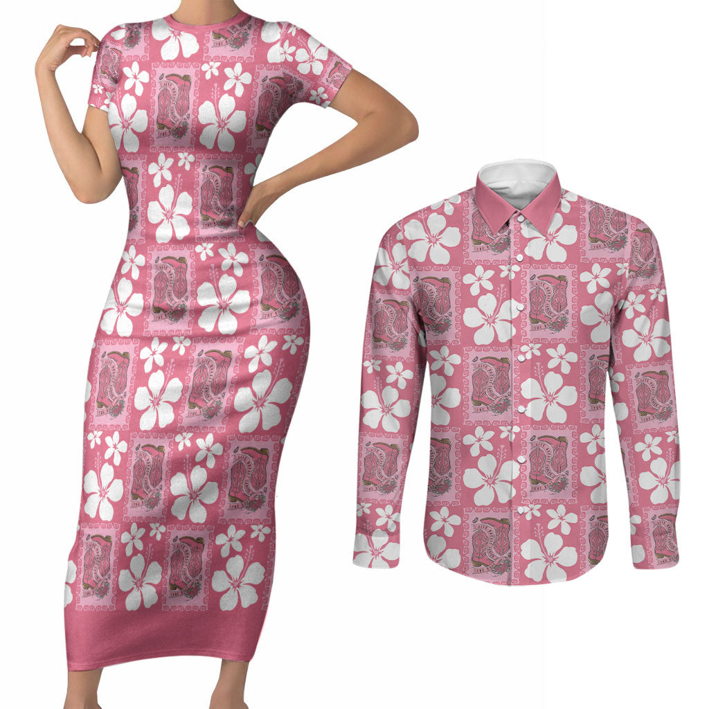 Give Cancer The Boot Pink Cowgirl Couples Matching Short Sleeve Bodycon Dress and Long Sleeve Button Shirt Western Aloha Hibiscus Paniolo Heritage Floral