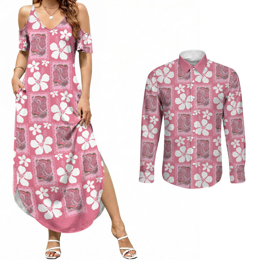 Give Cancer The Boot Pink Cowgirl Couples Matching Summer Maxi Dress and Long Sleeve Button Shirt Western Aloha Hibiscus Paniolo Heritage Floral