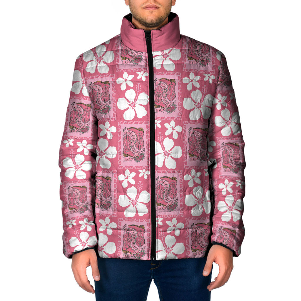Give Cancer The Boot Pink Cowgirl Padded Jacket Western Aloha Hibiscus Paniolo Heritage Floral