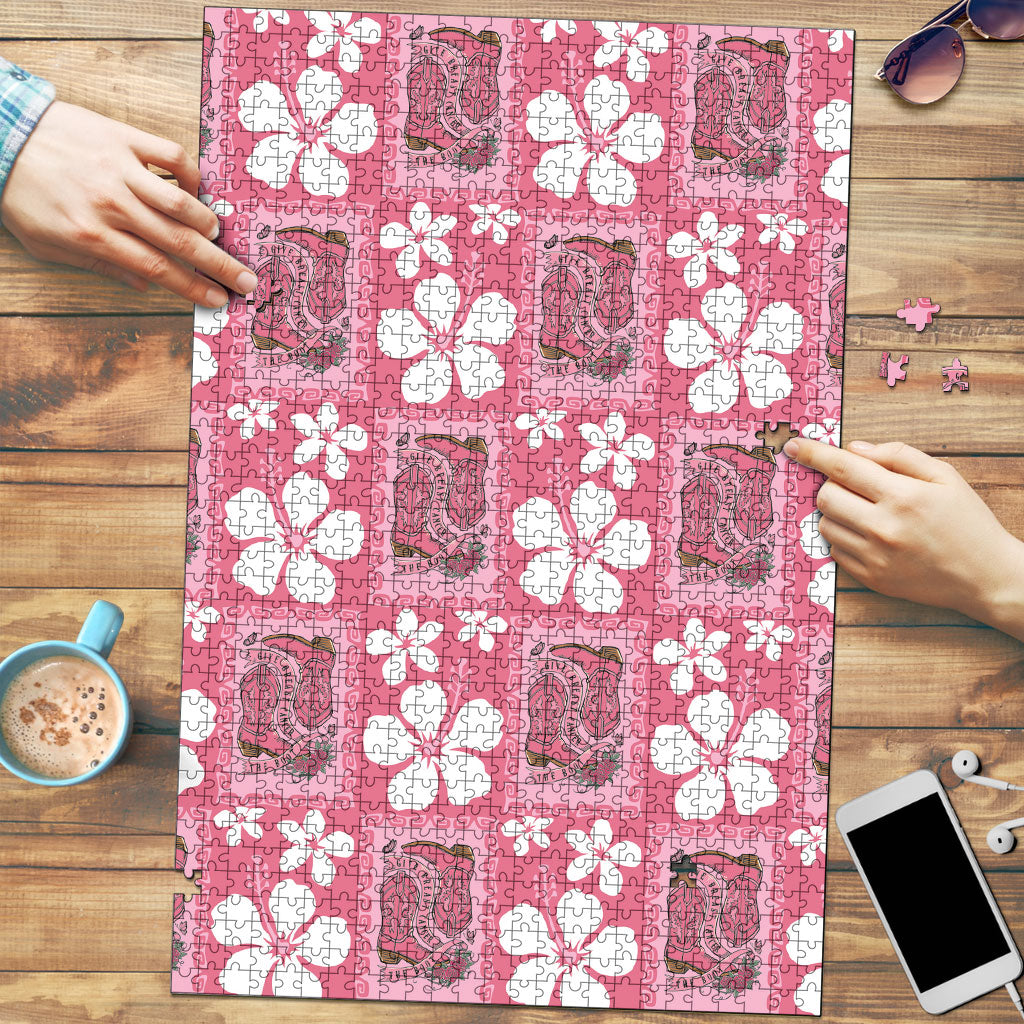 Give Cancer The Boot Pink Cowgirl Puzzle Western Aloha Hibiscus Paniolo Heritage Floral LT9 Pink - Polynesian Pride