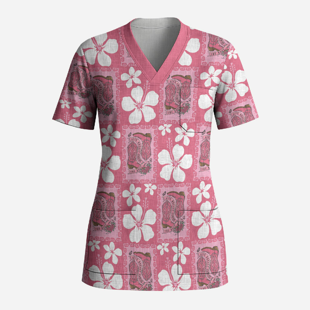 Give Cancer The Boot Pink Cowgirl Scrub Top Western Aloha Hibiscus Paniolo Heritage Floral LT9 Adult Pink - Polynesian Pride