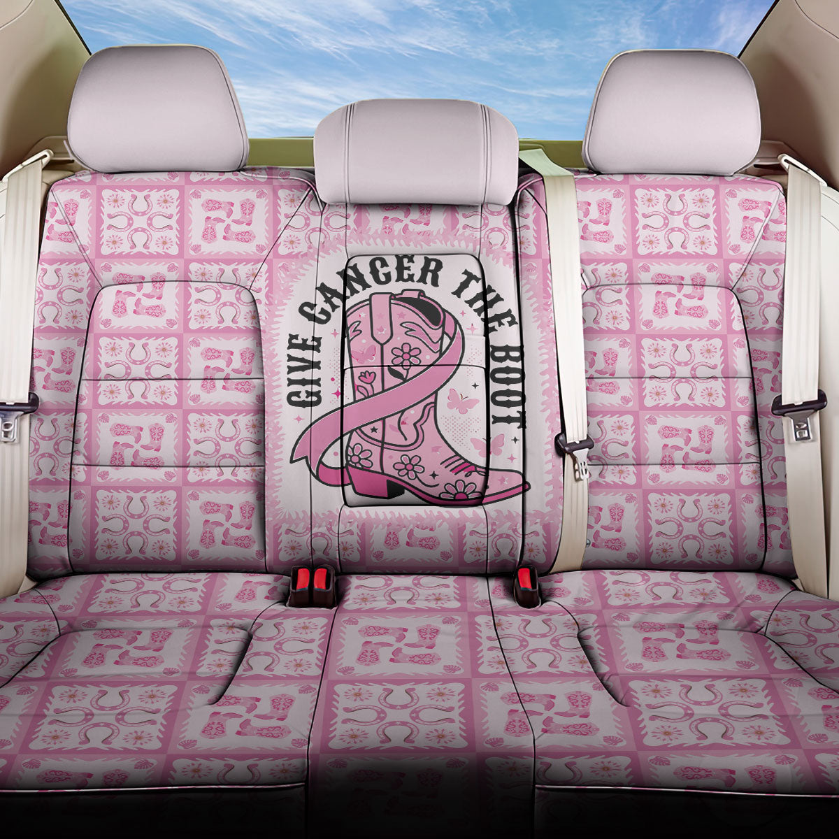 Give Cancer The Boot Pink Cowgirl Back Car Seat Cover Hawaiian Paniolo Mixed Quilt Pattern Style LT9 One Size Pink - Polynesian Pride