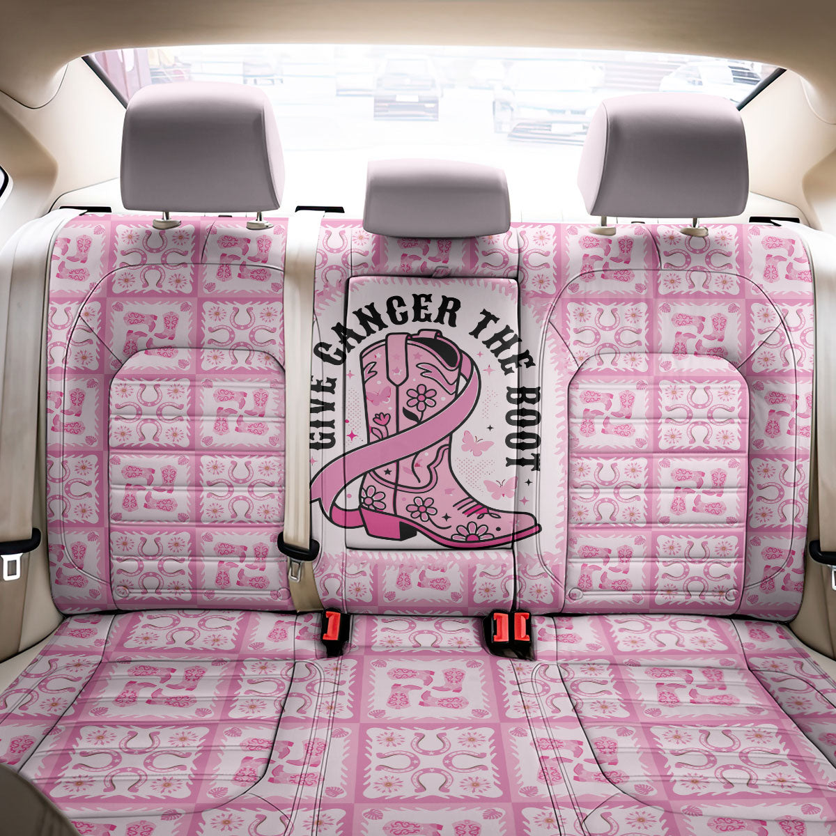 Give Cancer The Boot Pink Cowgirl Back Car Seat Cover Hawaiian Paniolo Mixed Quilt Pattern Style LT9 - Polynesian Pride