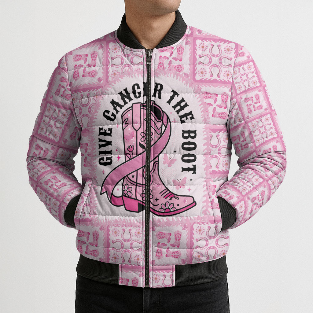 Give Cancer The Boot Pink Cowgirl Bomber Puffer Jacket Hawaiian Paniolo Mixed Quilt Pattern Style LT9 - Polynesian Pride