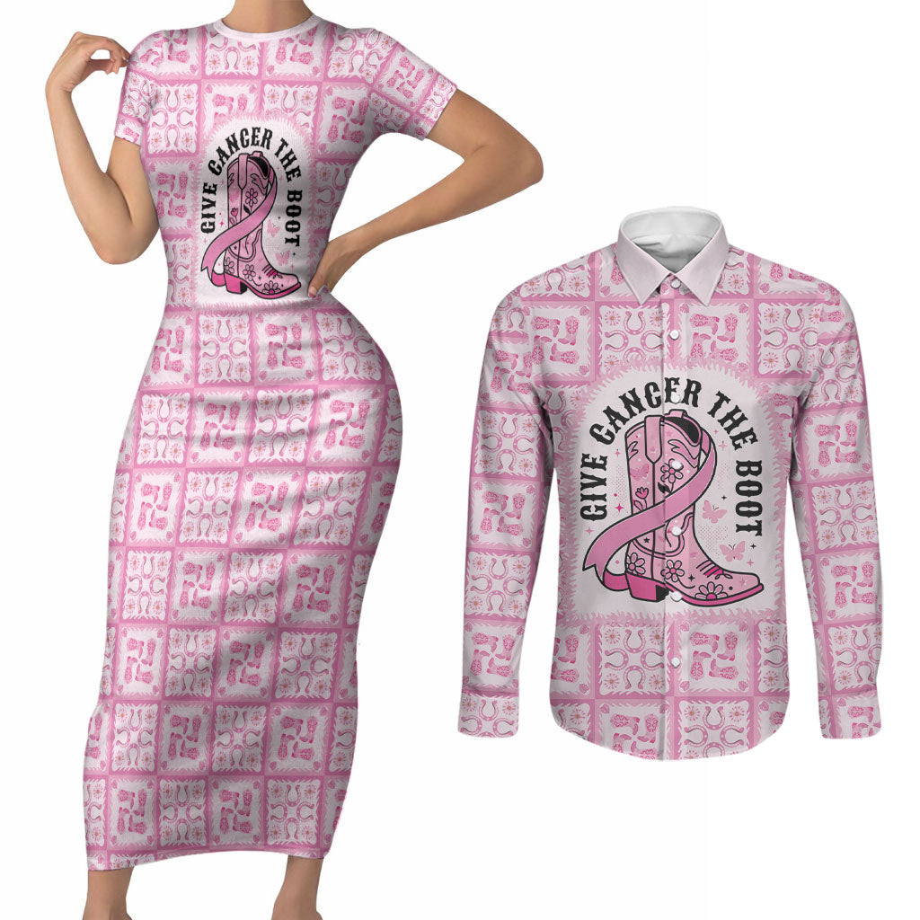 Give Cancer The Boot Pink Cowgirl Couples Matching Short Sleeve Bodycon Dress and Long Sleeve Button Shirt Hawaiian Paniolo Mixed Quilt Pattern Style
