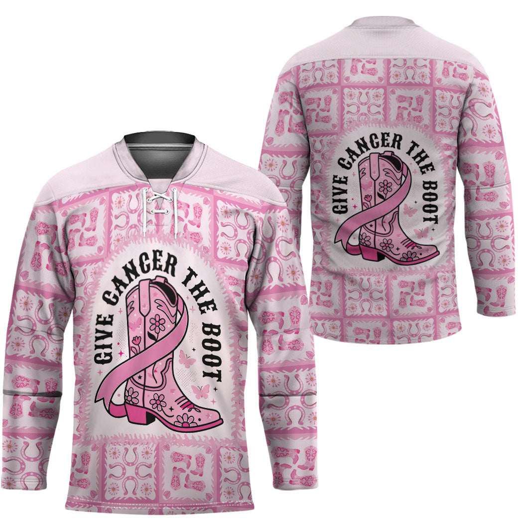 Give Cancer The Boot Pink Cowgirl Hockey Jersey Hawaiian Paniolo Mixed Quilt Pattern Style LT9 - Polynesian Pride