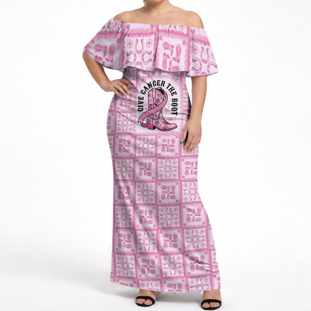 Give Cancer The Boot Pink Cowgirl Off Shoulder Maxi Dress Hawaiian Paniolo Mixed Quilt Pattern Style LT9 Women Pink - Polynesian Pride