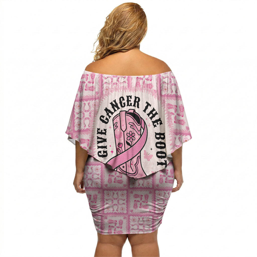 Give Cancer The Boot Pink Cowgirl Off Shoulder Short Dress Hawaiian Paniolo Mixed Quilt Pattern Style LT9 - Polynesian Pride