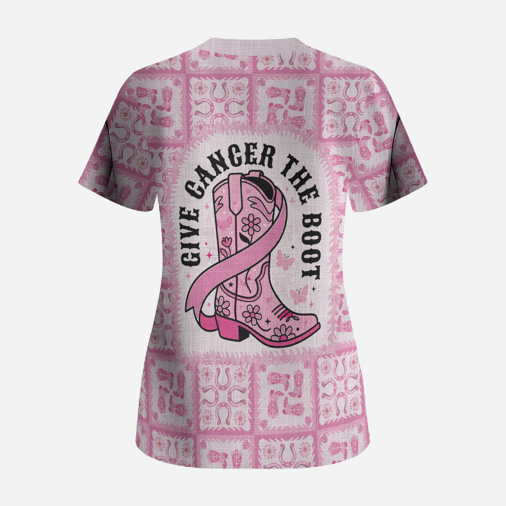 Give Cancer The Boot Pink Cowgirl Scrub Top Hawaiian Paniolo Mixed Quilt Pattern Style LT9 - Polynesian Pride