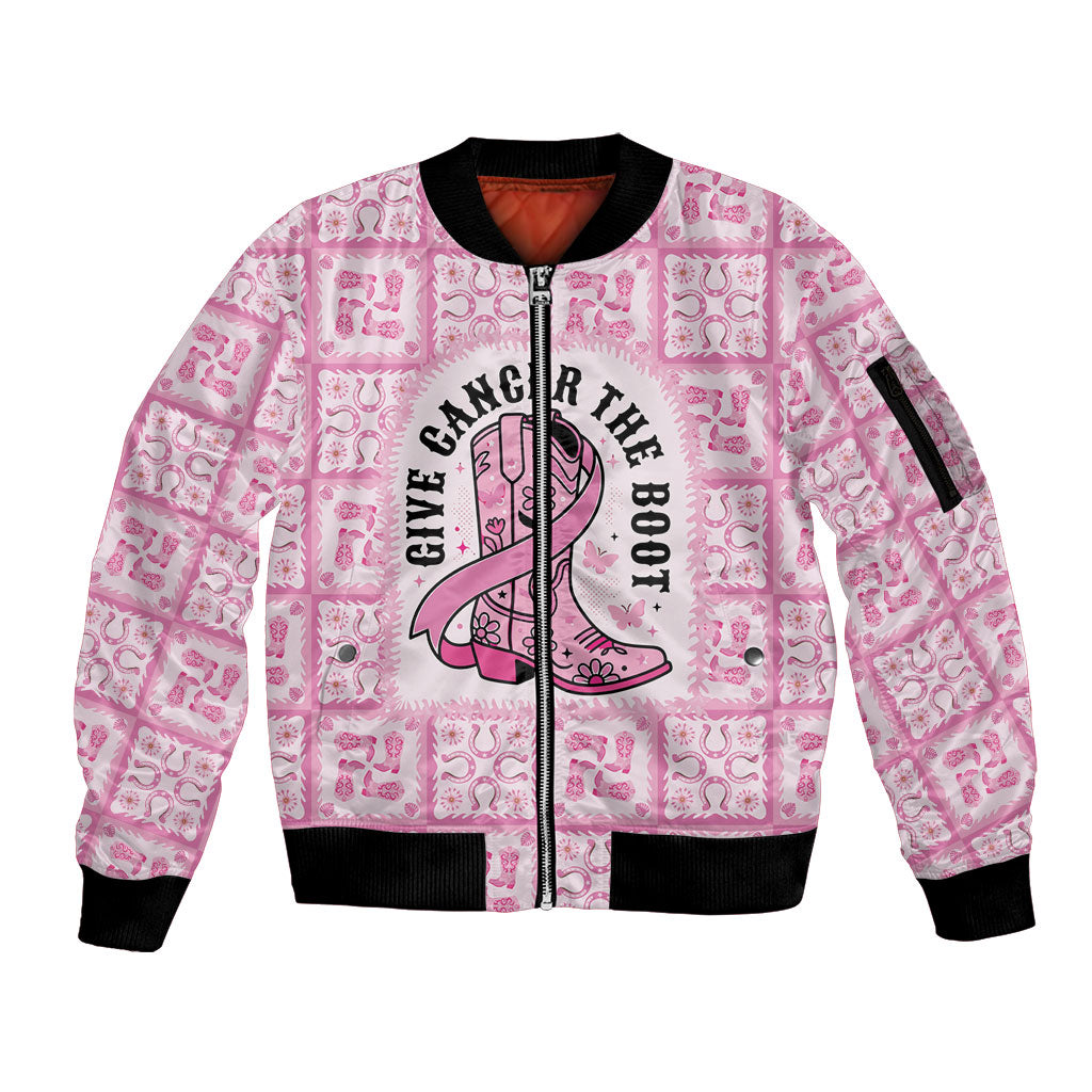 Give Cancer The Boot Pink Cowgirl Sleeve Zip Bomber Jacket Hawaiian Paniolo Mixed Quilt Pattern Style