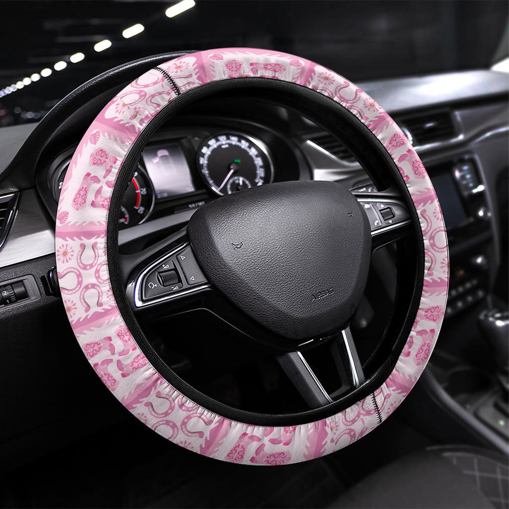 Give Cancer The Boot Pink Cowgirl Steering Wheel Cover Hawaiian Paniolo Mixed Quilt Pattern Style LT9 Universal Fit Pink - Polynesian Pride