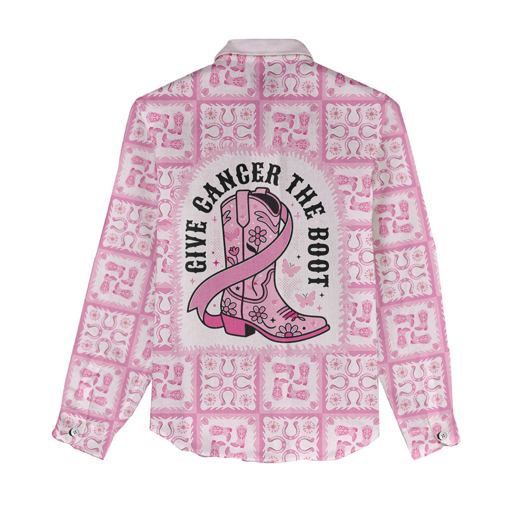Give Cancer The Boot Pink Cowgirl Women Casual Shirt Hawaiian Paniolo Mixed Quilt Pattern Style LT9 - Polynesian Pride