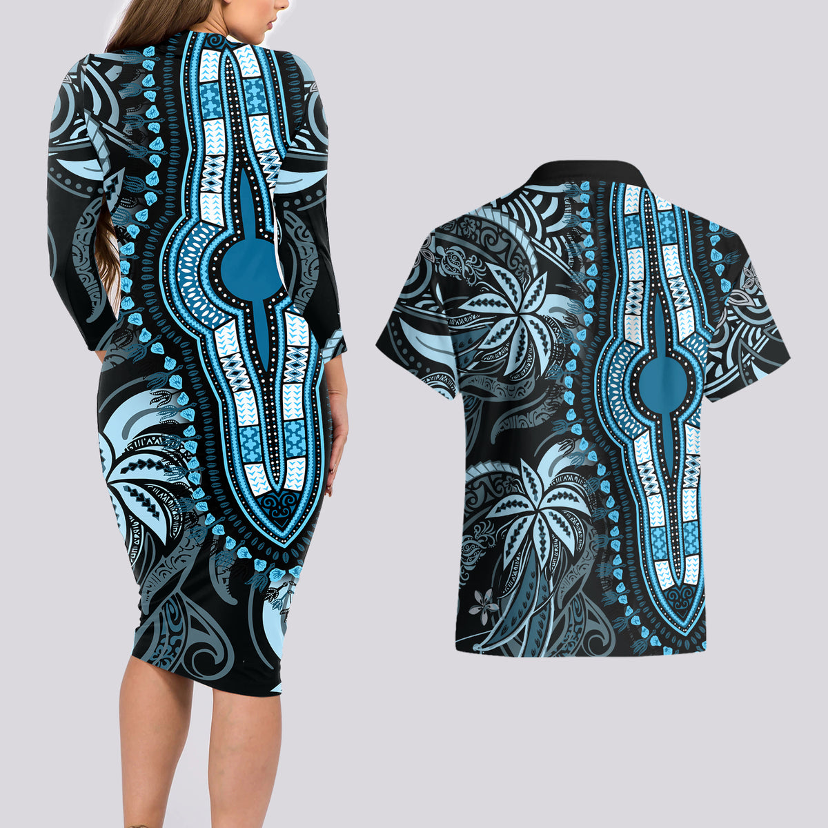 Polynesia Dashiki Couples Matching Long Sleeve Bodycon Dress and Hawaiian Shirt Polynesia and Africa Traditional Special Together Blue LT9 - Polynesian Pride