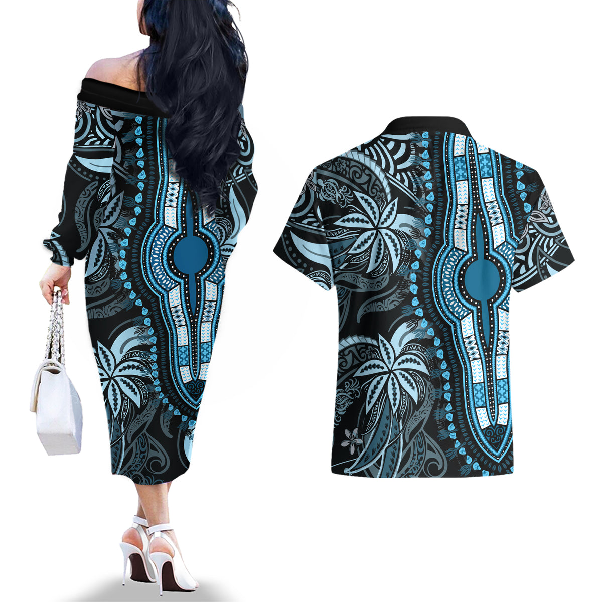 Polynesia Dashiki Couples Matching Off The Shoulder Long Sleeve Dress and Hawaiian Shirt Polynesia and Africa Traditional Special Together Blue LT9 - Polynesian Pride