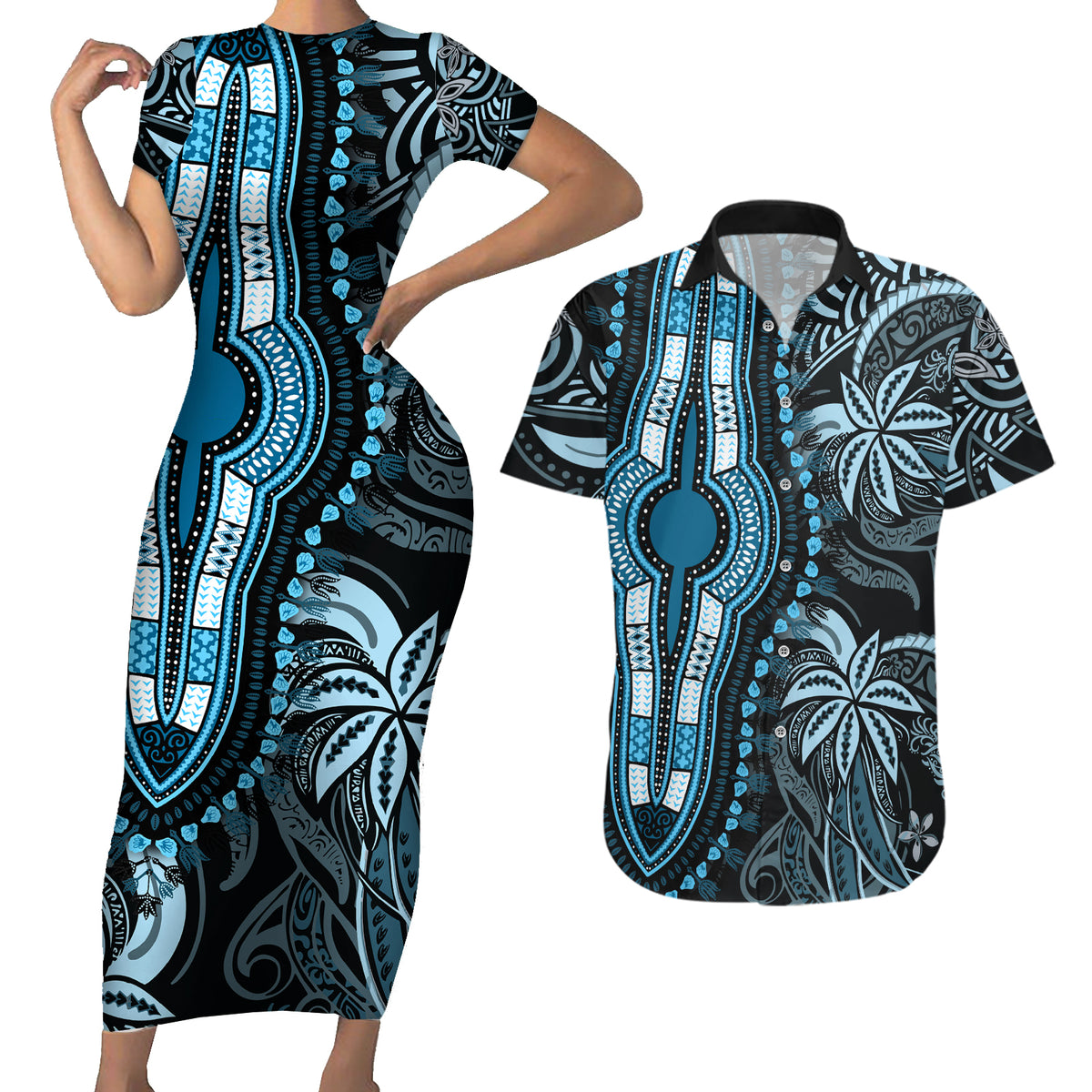 Polynesia Dashiki Couples Matching Short Sleeve Bodycon Dress and Hawaiian Shirt Polynesia and Africa Traditional Special Together Blue LT9 Blue - Polynesian Pride