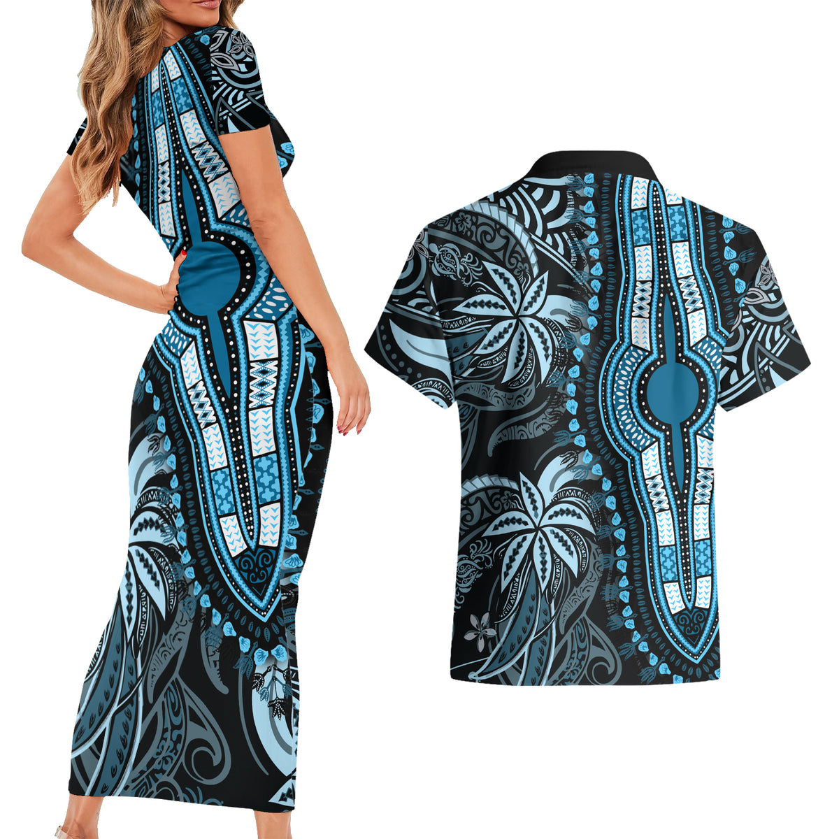 Polynesia Dashiki Couples Matching Short Sleeve Bodycon Dress and Hawaiian Shirt Polynesia and Africa Traditional Special Together Blue LT9 - Polynesian Pride
