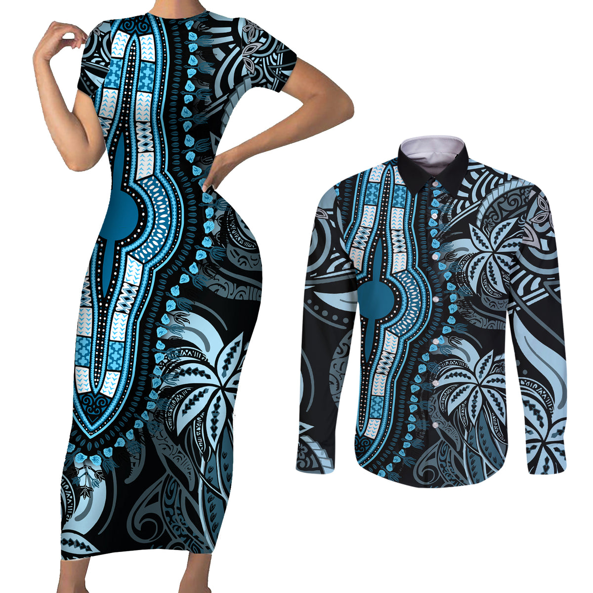 polynesia-dashiki-couples-matching-short-sleeve-bodycon-dress-and-long-sleeve-button-shirts-polynesia-and-africa-traditional-special-together-blue
