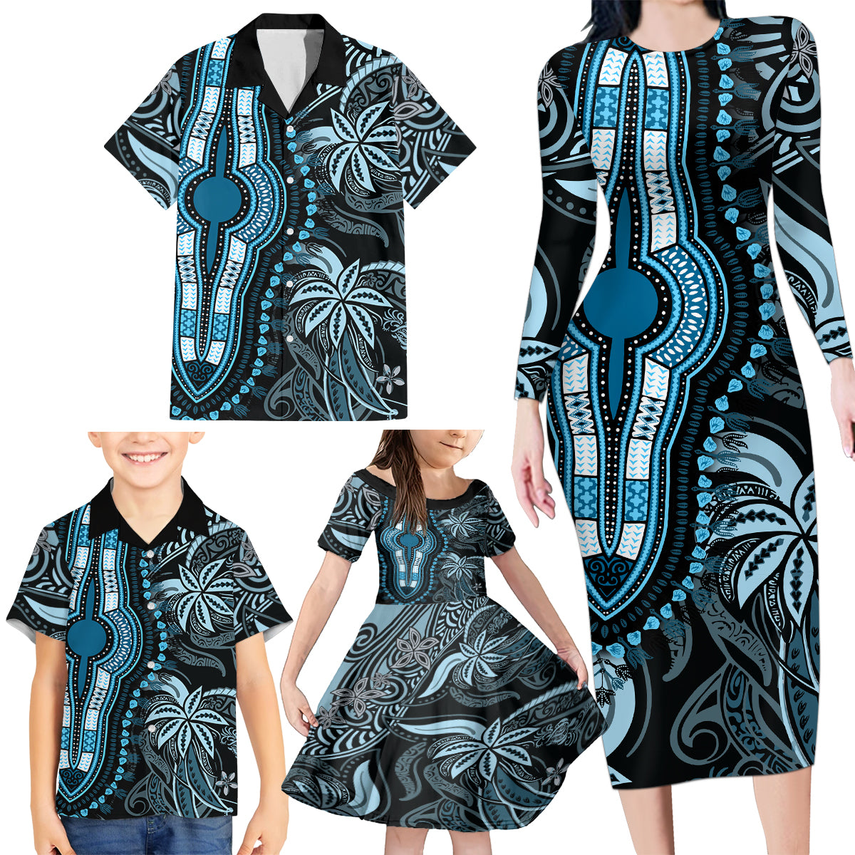Polynesia Dashiki Family Matching Long Sleeve Bodycon Dress and Hawaiian Shirt Polynesia and Africa Traditional Special Together Blue LT9 - Polynesian Pride