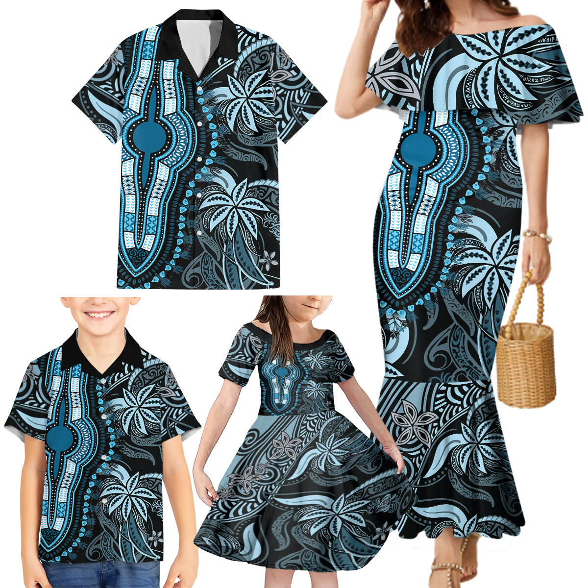 Polynesia Dashiki Family Matching Mermaid Dress and Hawaiian Shirt Polynesia and Africa Traditional Special Together Blue LT9 - Polynesian Pride