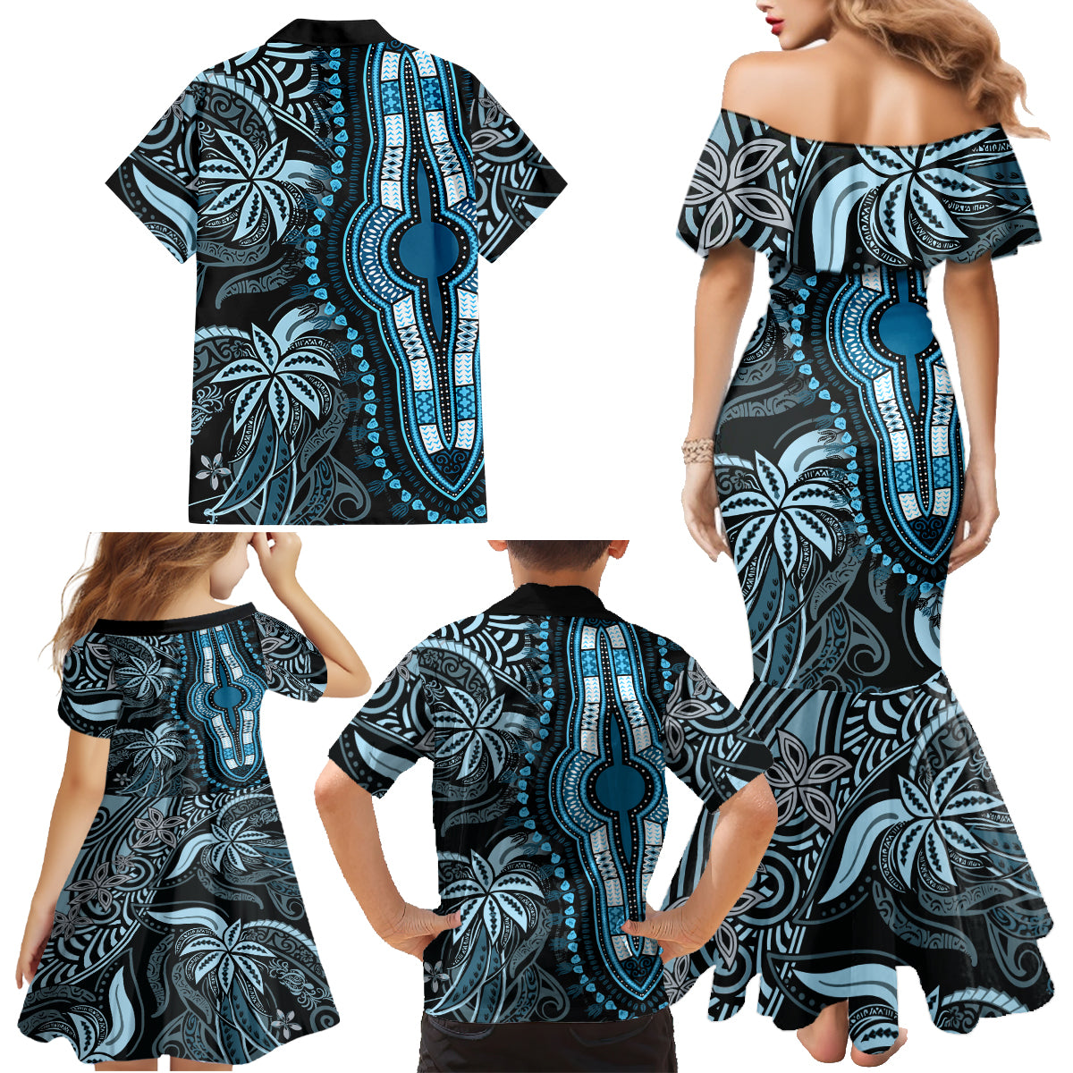 Polynesia Dashiki Family Matching Mermaid Dress and Hawaiian Shirt Polynesia and Africa Traditional Special Together Blue LT9 - Polynesian Pride