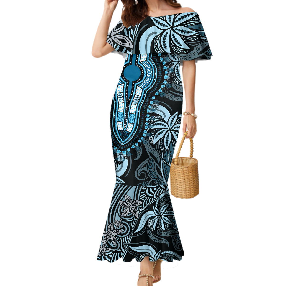 Polynesia Dashiki Family Matching Mermaid Dress and Hawaiian Shirt Polynesia and Africa Traditional Special Together Blue LT9 Mom's Dress Blue - Polynesian Pride