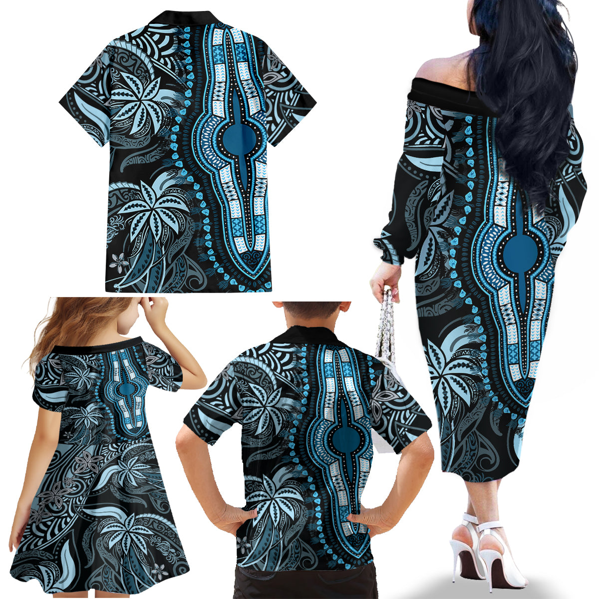 Polynesia Dashiki Family Matching Off Shoulder Long Sleeve Dress and Hawaiian Shirt Polynesia and Africa Traditional Special Together Blue LT9 - Polynesian Pride