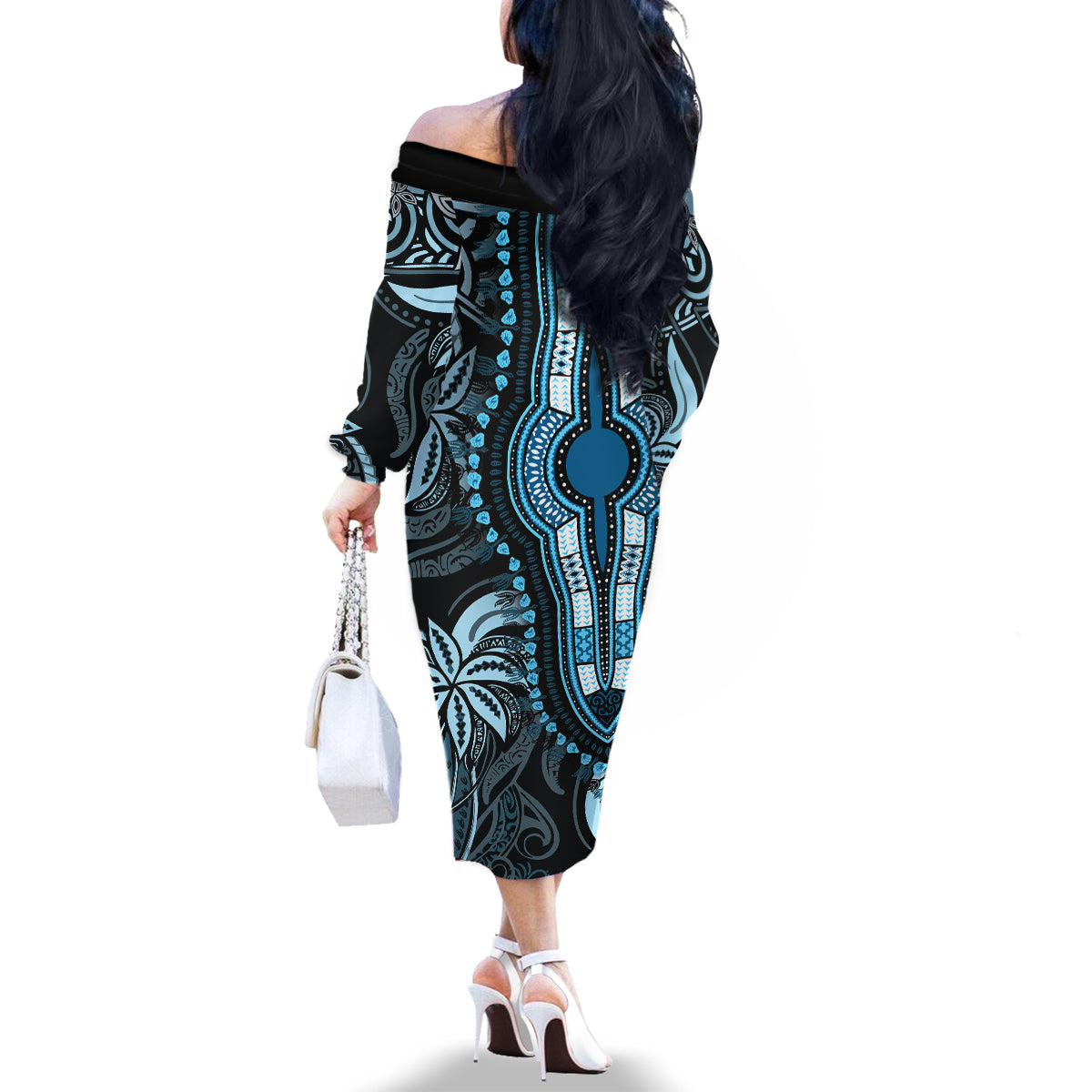Polynesia Dashiki Family Matching Off Shoulder Long Sleeve Dress and Hawaiian Shirt Polynesia and Africa Traditional Special Together Blue LT9 - Polynesian Pride