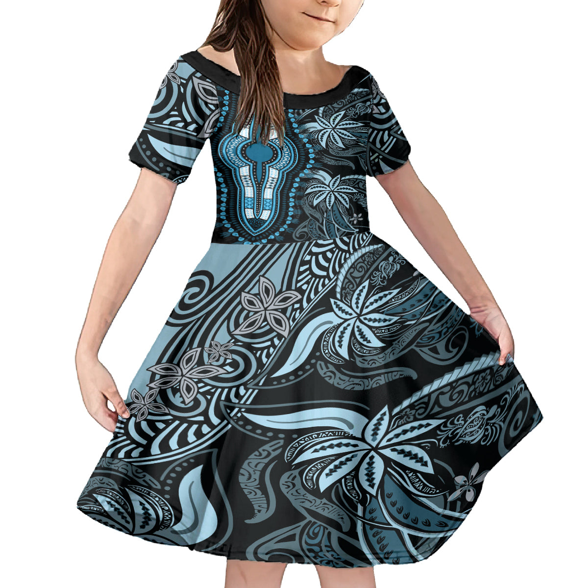 Polynesia Dashiki Family Matching Off Shoulder Maxi Dress and Hawaiian Shirt Polynesia and Africa Traditional Special Together Blue LT9 Daughter's Dress Blue - Polynesian Pride