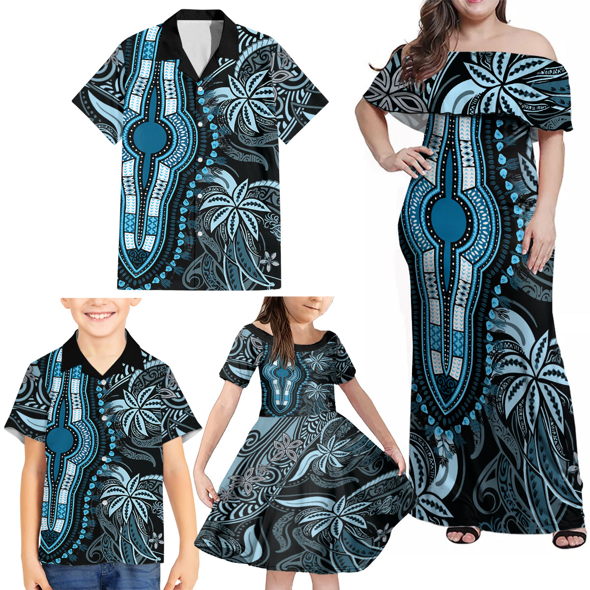 Polynesia Dashiki Family Matching Off Shoulder Maxi Dress and Hawaiian Shirt Polynesia and Africa Traditional Special Together Blue LT9 - Polynesian Pride