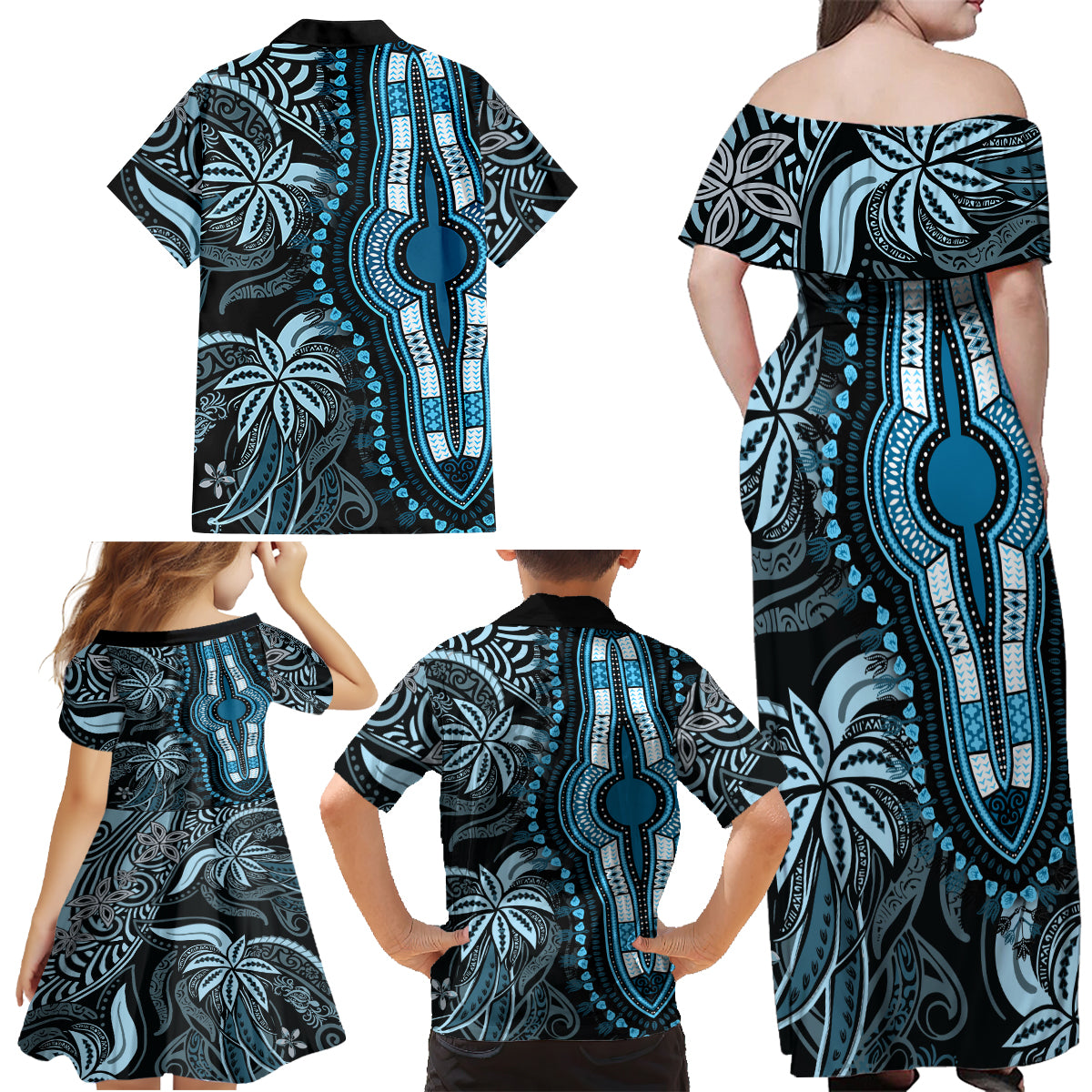 Polynesia Dashiki Family Matching Off Shoulder Maxi Dress and Hawaiian Shirt Polynesia and Africa Traditional Special Together Blue LT9 - Polynesian Pride