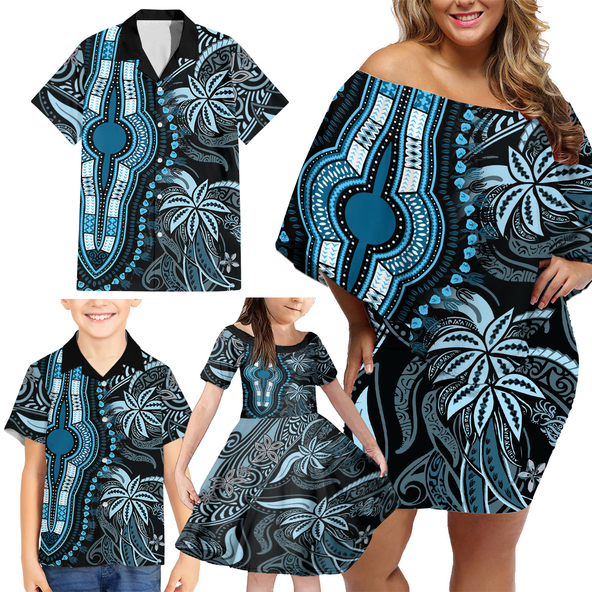 Polynesia Dashiki Family Matching Off Shoulder Short Dress and Hawaiian Shirt Polynesia and Africa Traditional Special Together Blue LT9 - Polynesian Pride