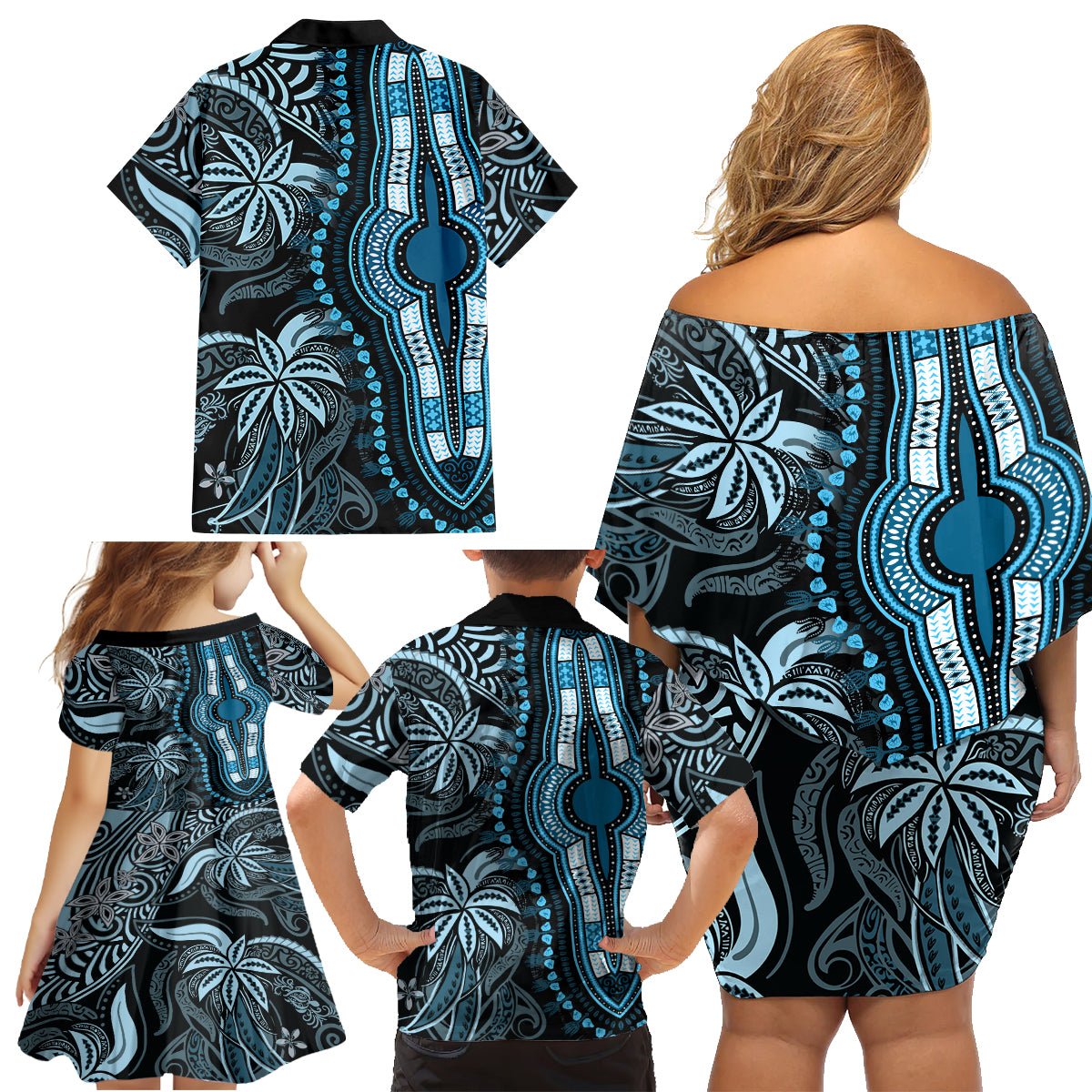 Polynesia Dashiki Family Matching Off Shoulder Short Dress and Hawaiian Shirt Polynesia and Africa Traditional Special Together Blue LT9 - Polynesian Pride