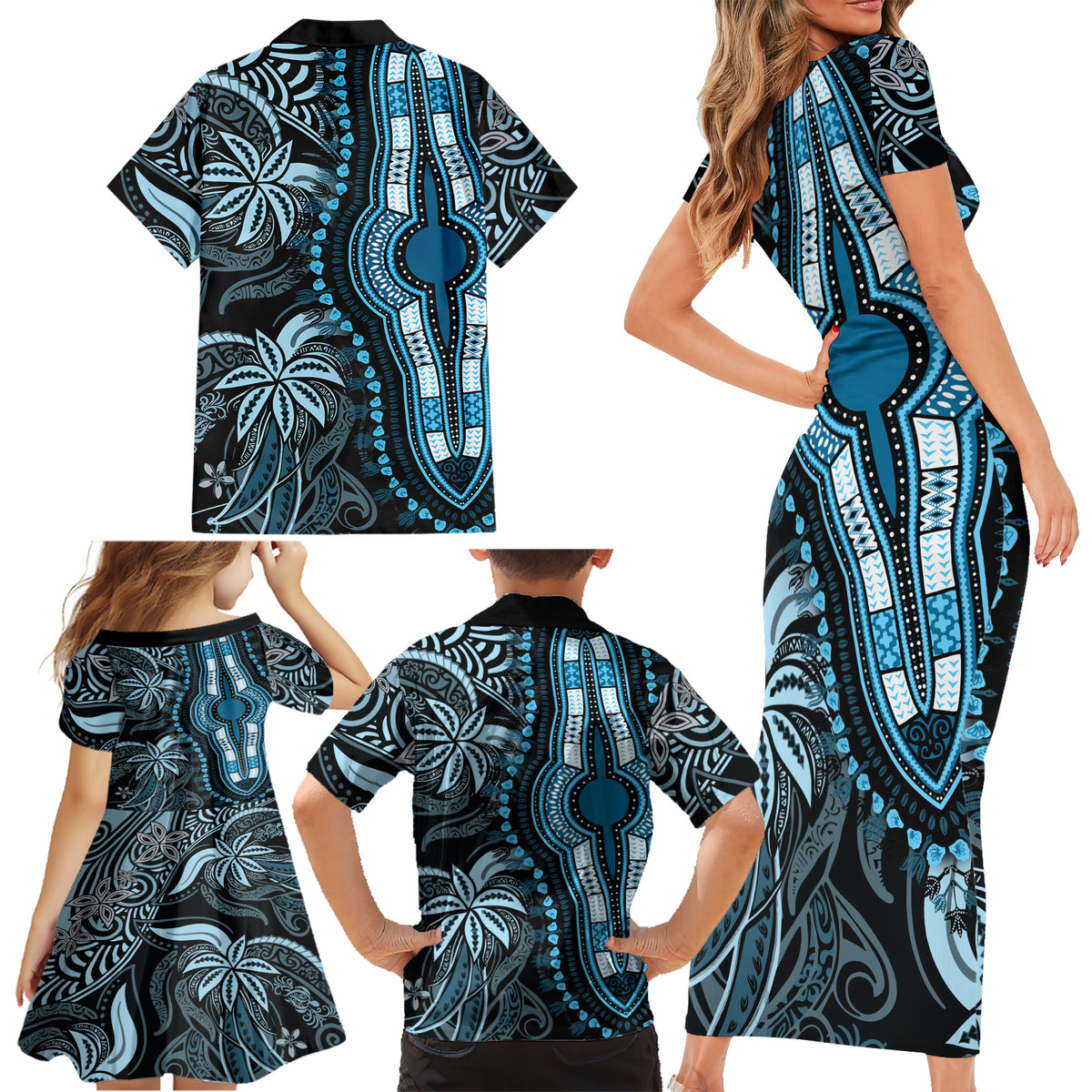 Polynesia Dashiki Family Matching Short Sleeve Bodycon Dress and Hawaiian Shirt Polynesia and Africa Traditional Special Together Blue LT9 - Polynesian Pride