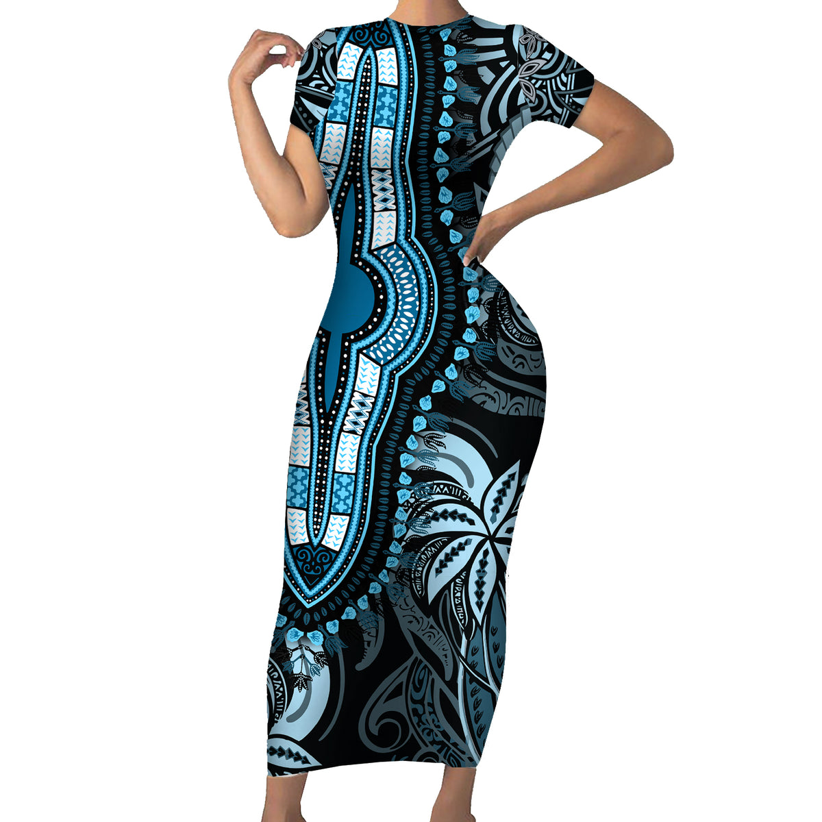 Polynesia Dashiki Family Matching Short Sleeve Bodycon Dress and Hawaiian Shirt Polynesia and Africa Traditional Special Together Blue LT9 Mom's Dress Blue - Polynesian Pride