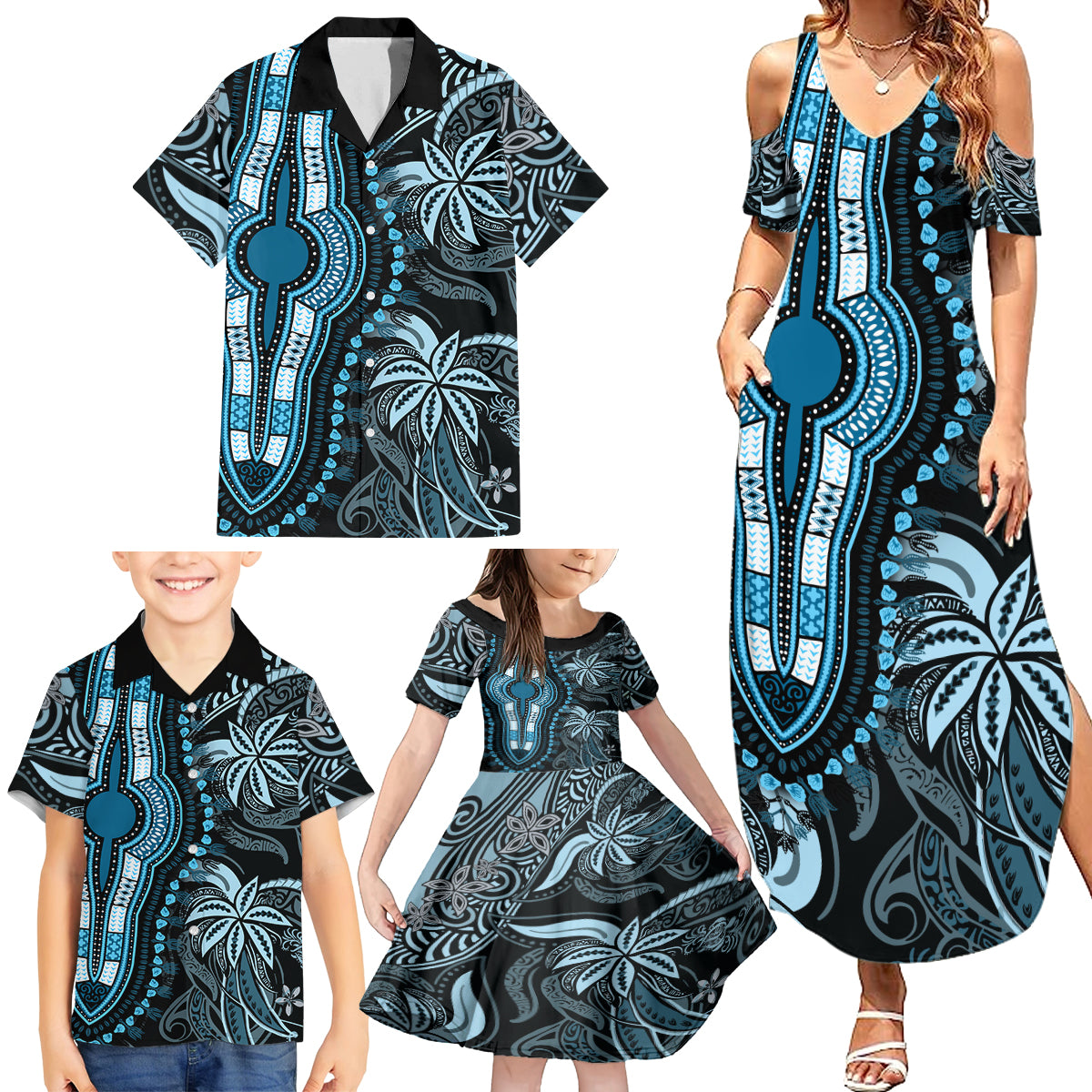 Polynesia Dashiki Family Matching Summer Maxi Dress and Hawaiian Shirt Polynesia and Africa Traditional Special Together Blue LT9 - Polynesian Pride