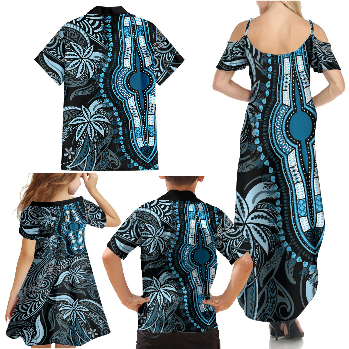 Polynesia Dashiki Family Matching Summer Maxi Dress and Hawaiian Shirt Polynesia and Africa Traditional Special Together Blue LT9 - Polynesian Pride