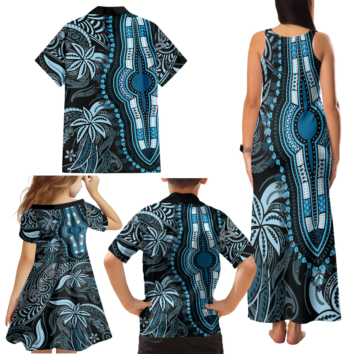 Polynesia Dashiki Family Matching Tank Maxi Dress and Hawaiian Shirt Polynesia and Africa Traditional Special Together Blue LT9 - Polynesian Pride
