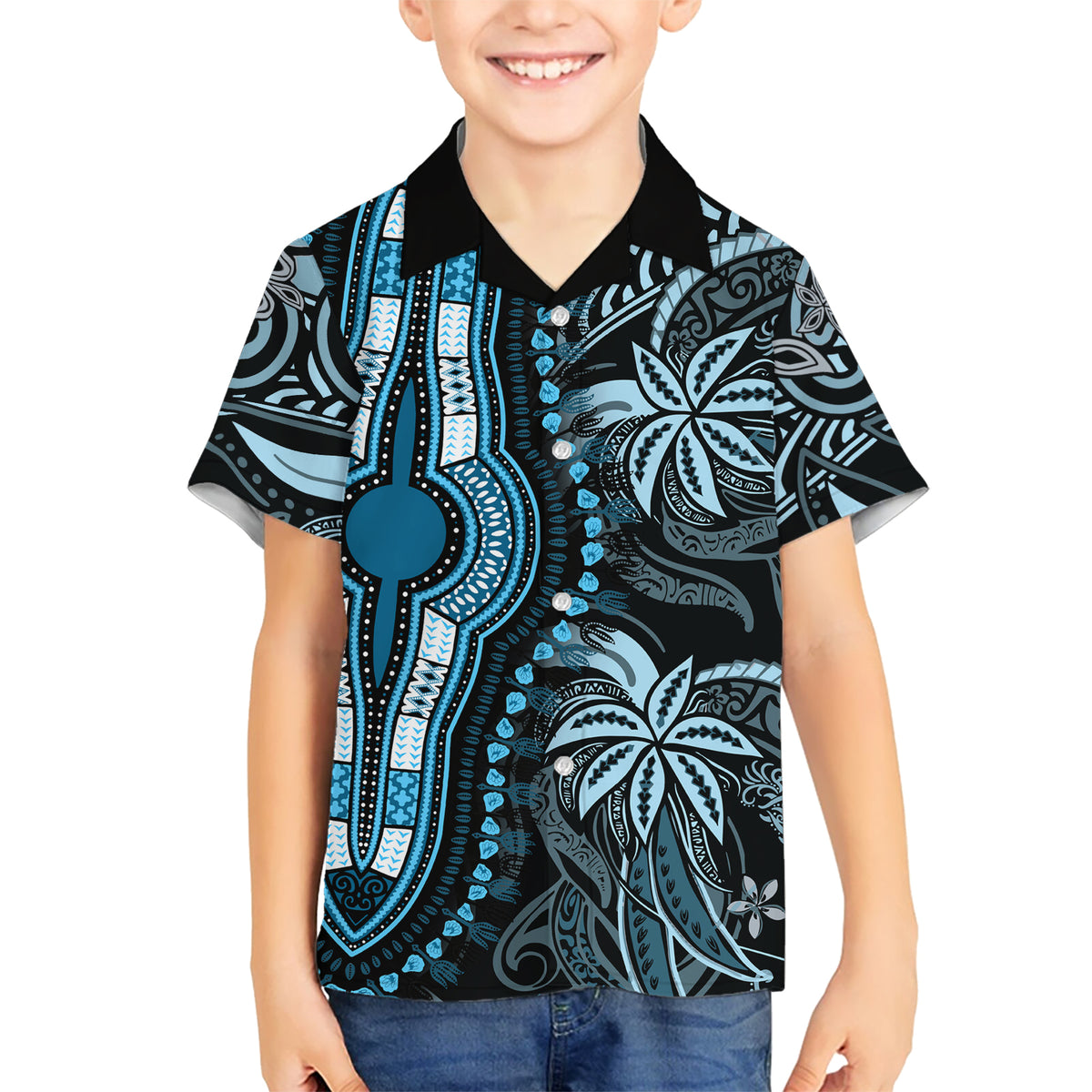 Polynesia Dashiki Kid Hawaiian Shirt Polynesia and Africa Traditional Special Together Blue LT9 Kid Blue - Polynesian Pride