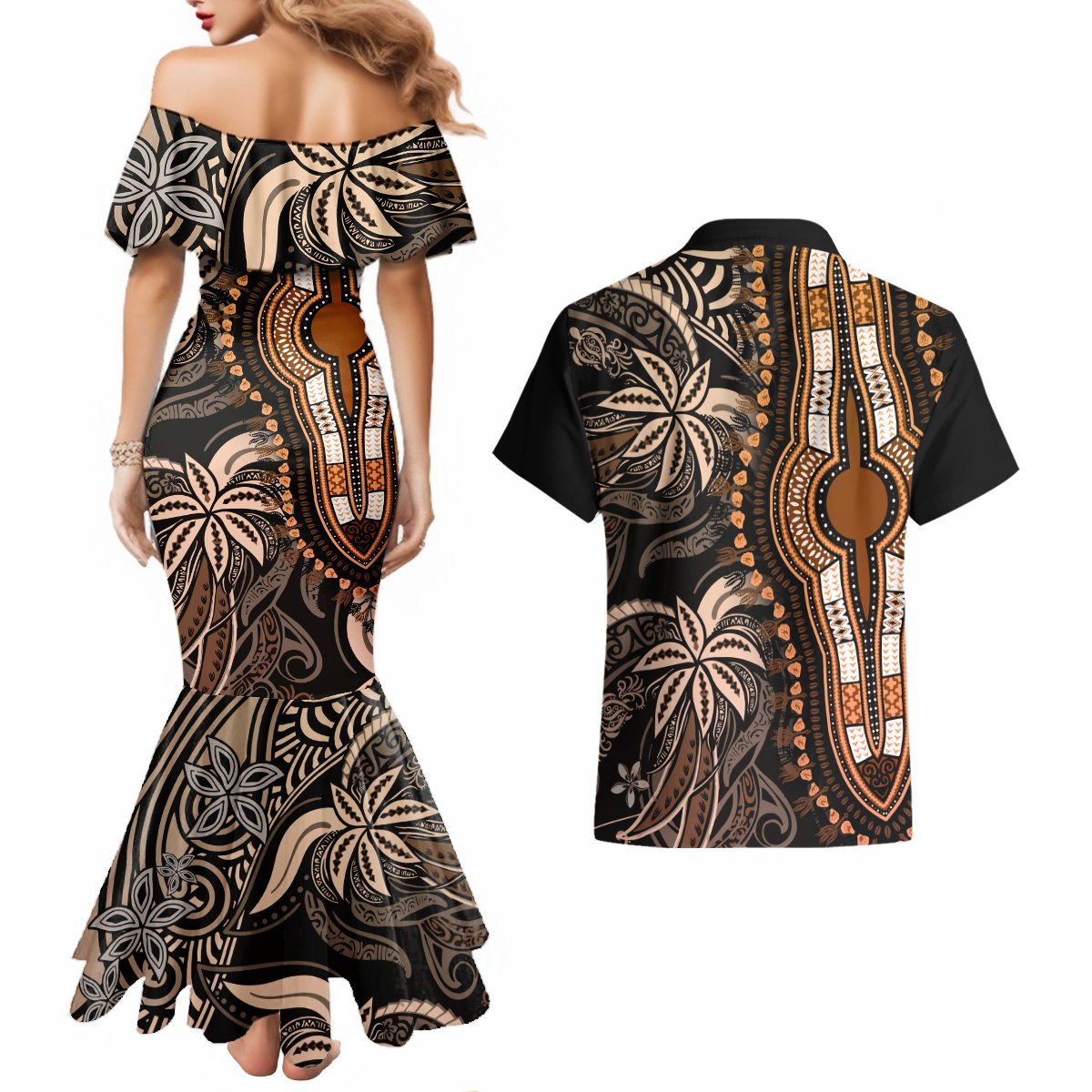 Polynesia Dashiki Couples Matching Mermaid Dress and Hawaiian Shirt Polynesia and Africa Traditional Special Together Gold LT9 - Polynesian Pride