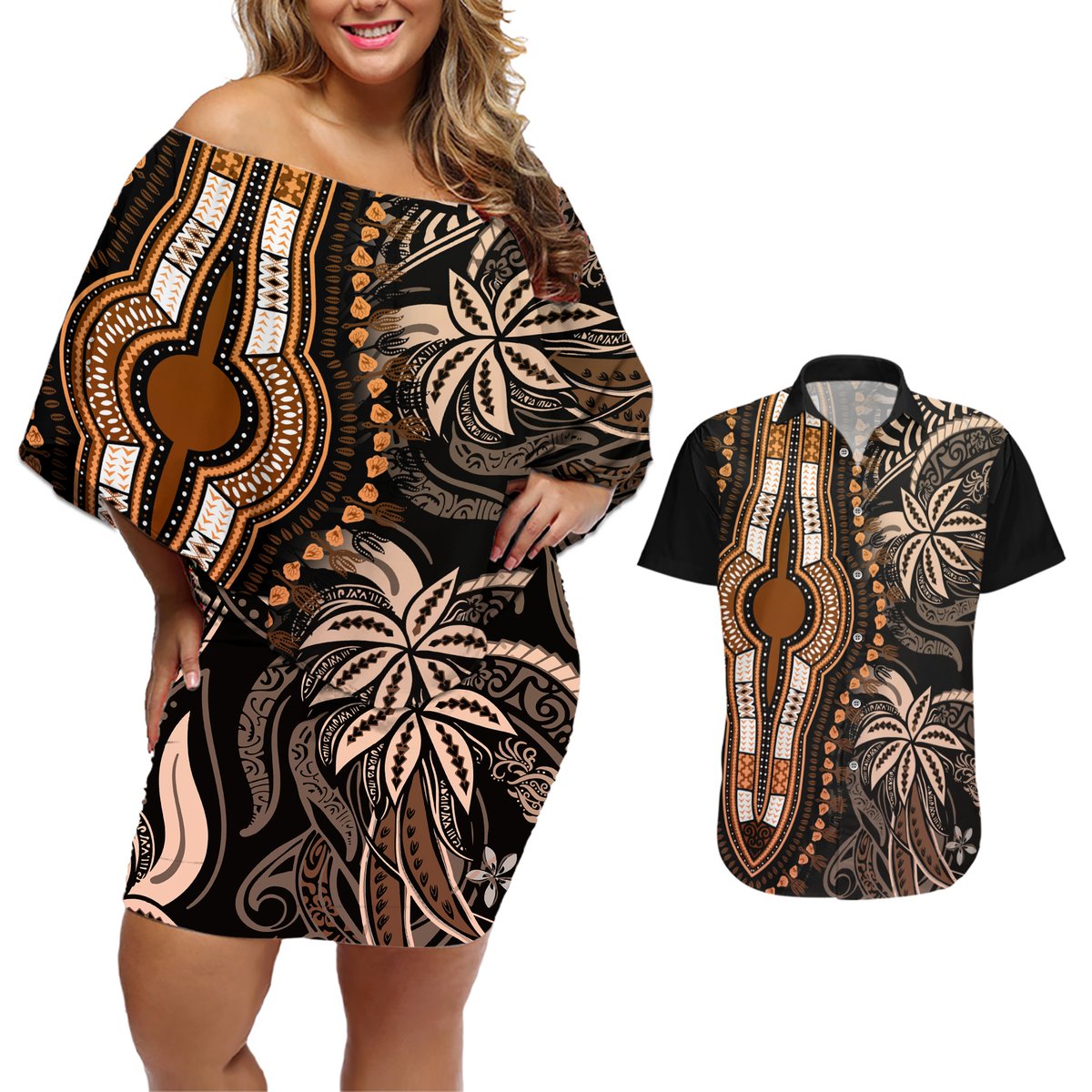 Polynesia Dashiki Couples Matching Off Shoulder Short Dress and Hawaiian Shirt Polynesia and Africa Traditional Special Together Gold LT9 Gold - Polynesian Pride