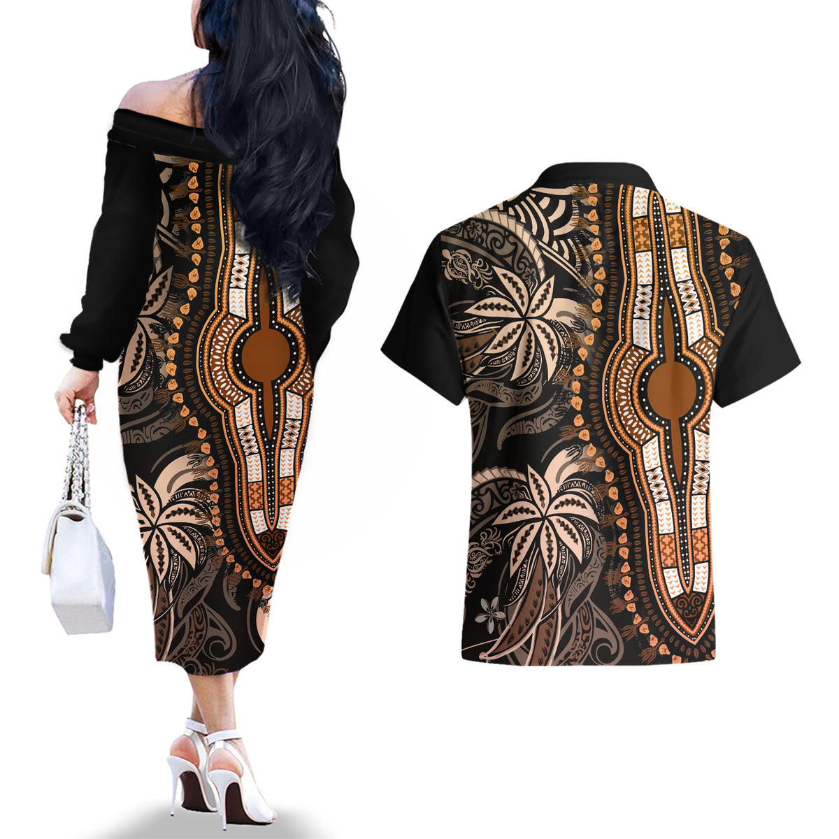 Polynesia Dashiki Couples Matching Off The Shoulder Long Sleeve Dress and Hawaiian Shirt Polynesia and Africa Traditional Special Together Gold LT9 - Polynesian Pride