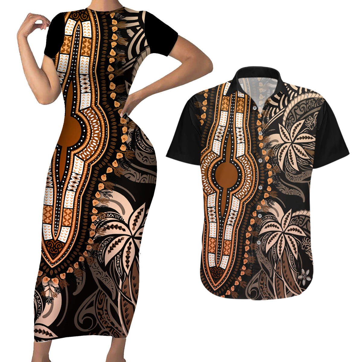 Polynesia Dashiki Couples Matching Short Sleeve Bodycon Dress and Hawaiian Shirt Polynesia and Africa Traditional Special Together Gold LT9 Gold - Polynesian Pride
