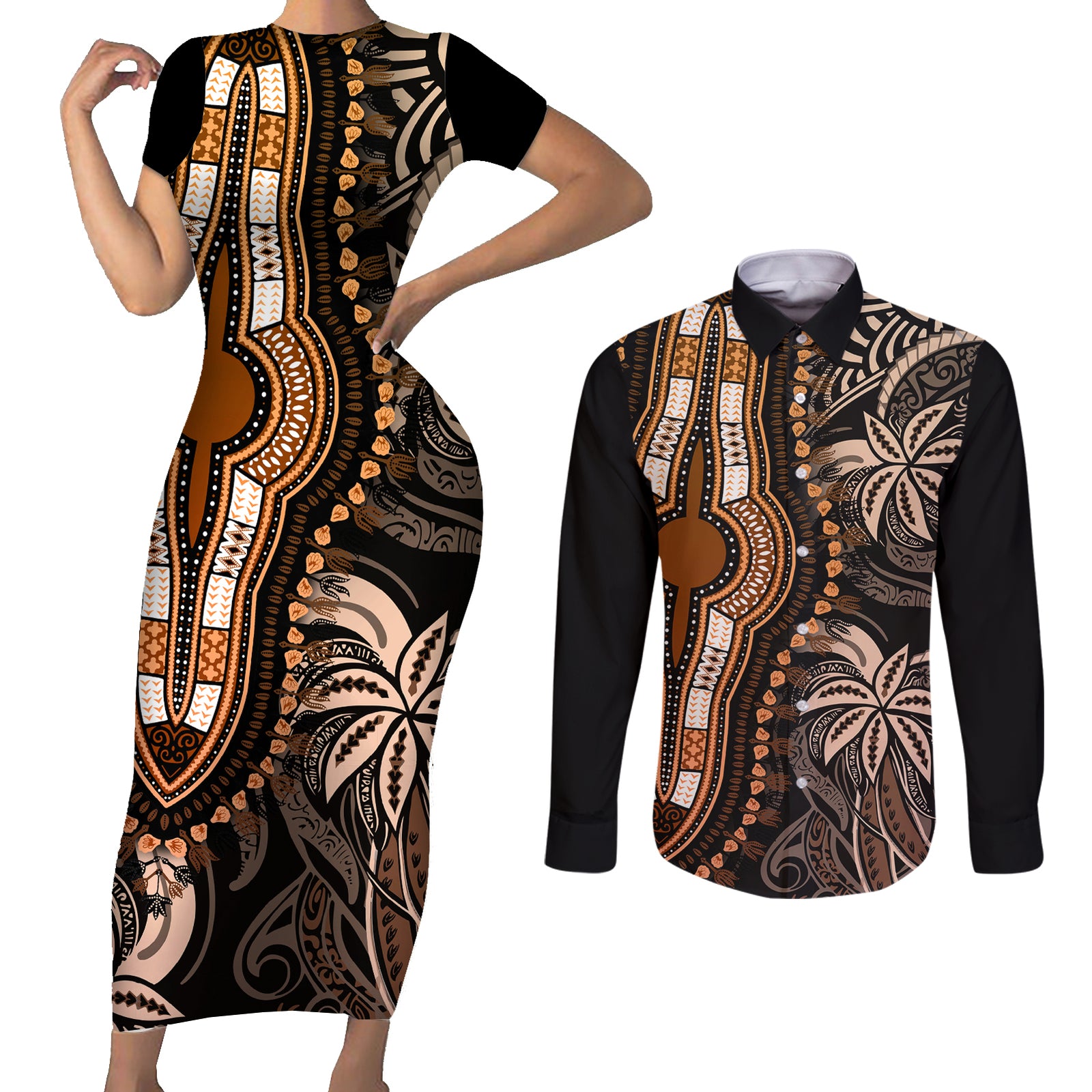 polynesia-dashiki-couples-matching-short-sleeve-bodycon-dress-and-long-sleeve-button-shirts-polynesia-and-africa-traditional-special-together-gold