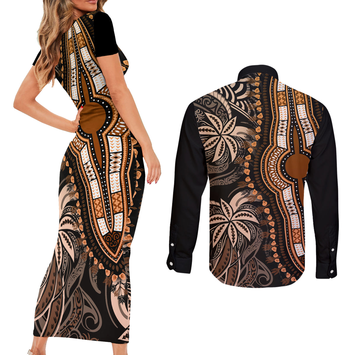 polynesia-dashiki-couples-matching-short-sleeve-bodycon-dress-and-long-sleeve-button-shirts-polynesia-and-africa-traditional-special-together-gold