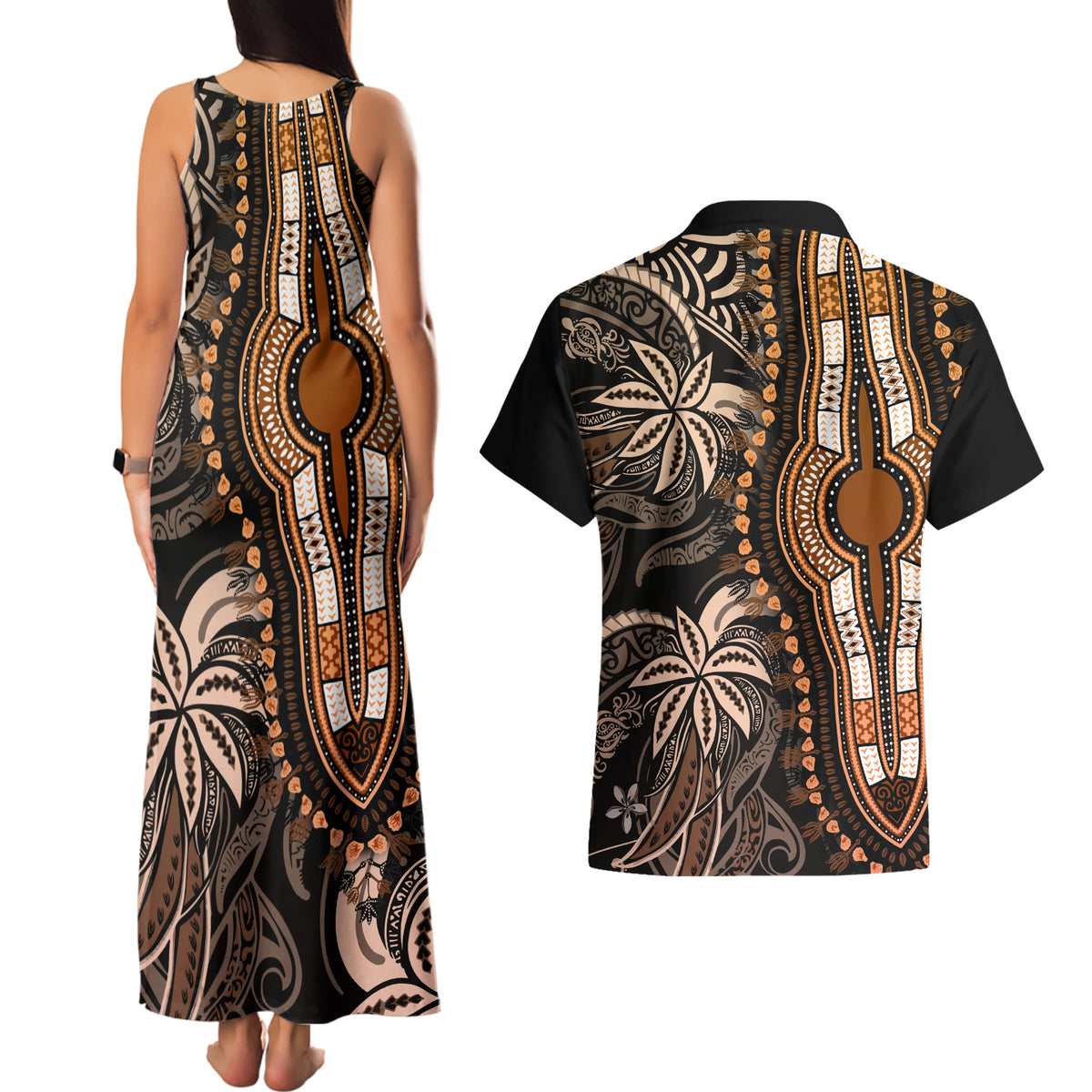 Polynesia Dashiki Couples Matching Tank Maxi Dress and Hawaiian Shirt Polynesia and Africa Traditional Special Together Gold LT9 - Polynesian Pride