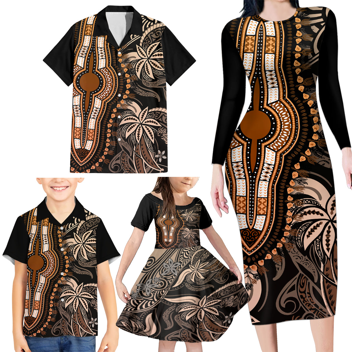 Polynesia Dashiki Family Matching Long Sleeve Bodycon Dress and Hawaiian Shirt Polynesia and Africa Traditional Special Together Gold LT9 - Polynesian Pride