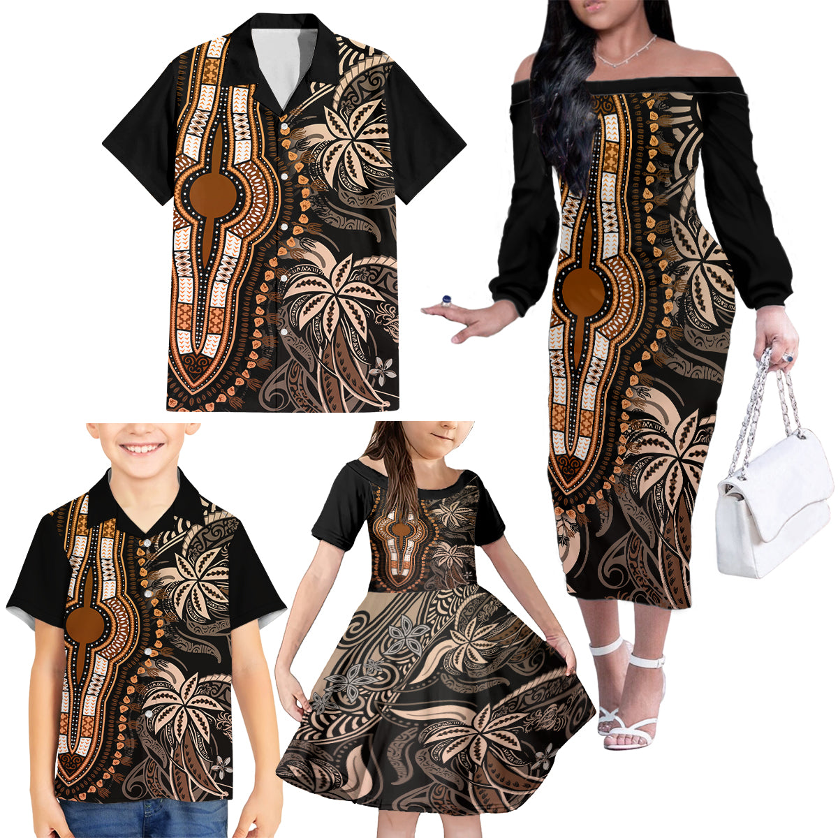 Polynesia Dashiki Family Matching Off Shoulder Long Sleeve Dress and Hawaiian Shirt Polynesia and Africa Traditional Special Together Gold LT9 - Polynesian Pride