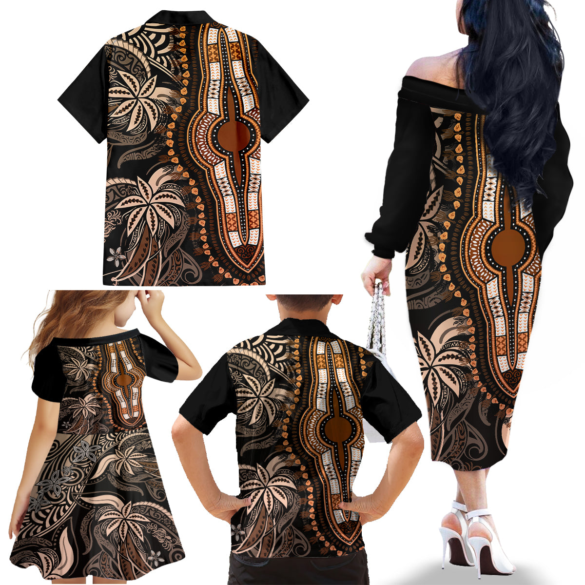 Polynesia Dashiki Family Matching Off Shoulder Long Sleeve Dress and Hawaiian Shirt Polynesia and Africa Traditional Special Together Gold LT9 - Polynesian Pride